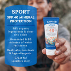 Badger Sport Mineral Sunscreen, Reef Safe, SPF 40, 98% Organic with Zinc Oxide, Water Resistant, Hawaii Reef Act 104 Compliant, Unscented & Hypoallergenic, For Sports & Adventures, 2.9 fl oz, 2-Pack
