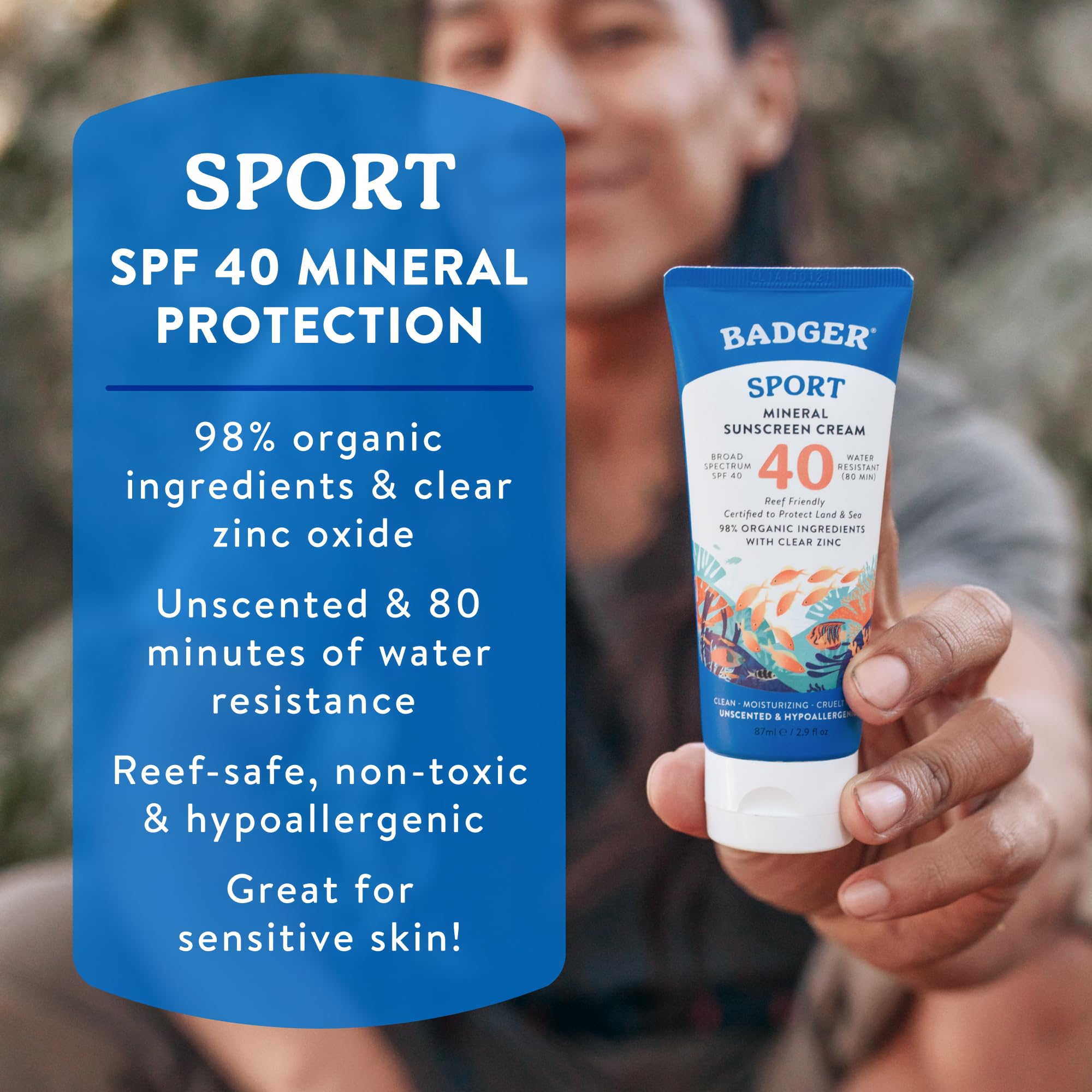Badger Sport Mineral Sunscreen, Reef Safe, SPF 40, 98% Organic with Zinc Oxide, Water Resistant, Hawaii Reef Act 104 Compliant, Unscented & Hypoallergenic, For Sports & Adventures, 2.9 fl oz, 2-Pack