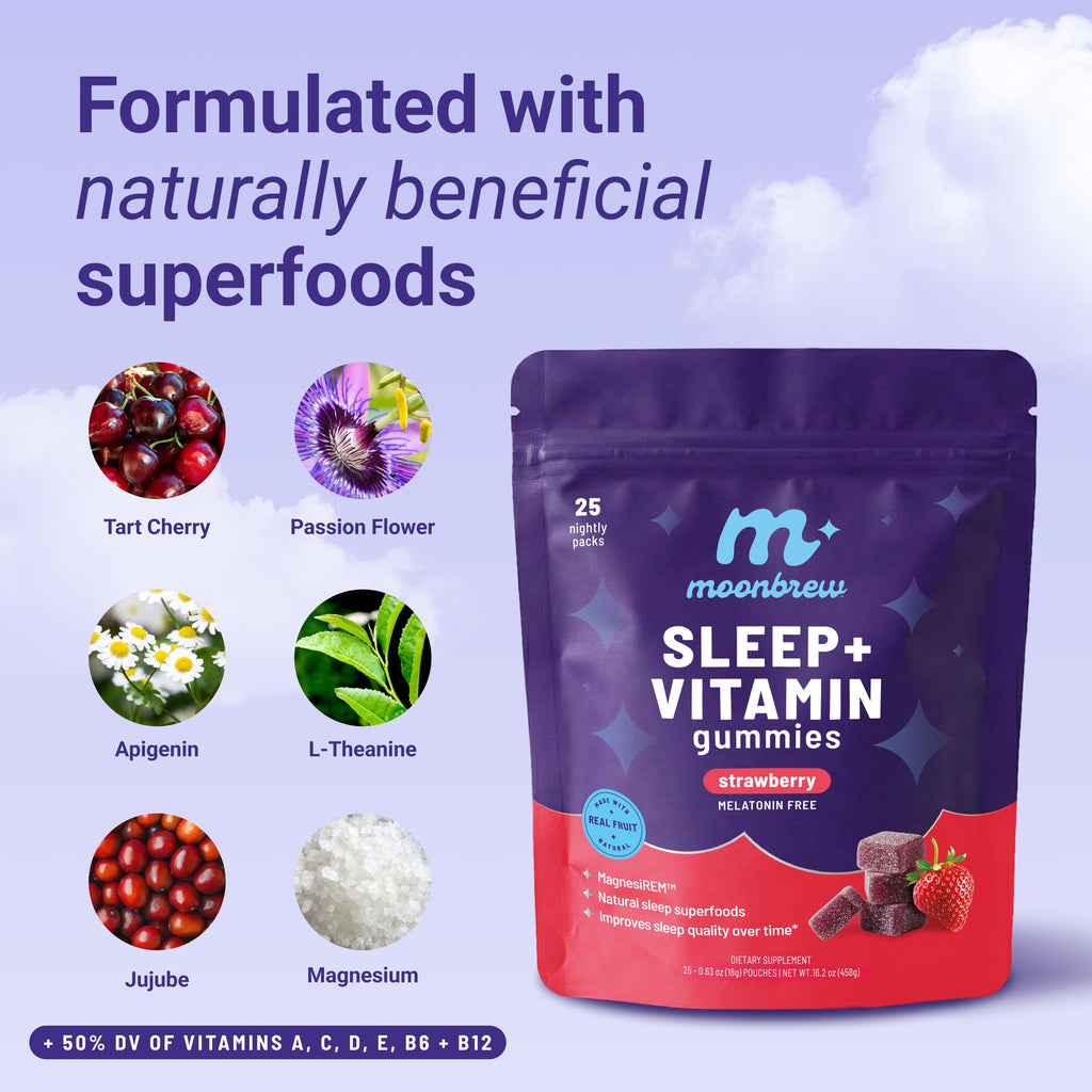 MoonBrew Strawberry Sleep + Vitamin Gummies - 8 Essential Vitamins & Minerals, Natural Magnesium Calming Aid, Melatonin-Free, 25-Pack (100 Gummies)