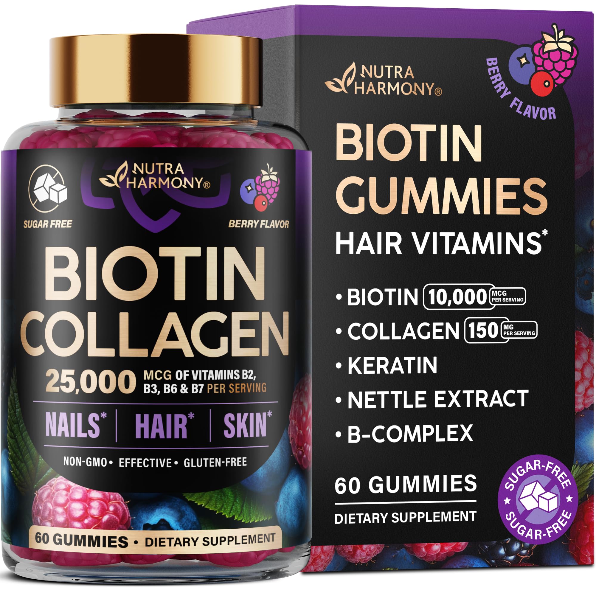 Biotin Gummies for Hair Growth Support - for Women & Men - Berry, Pack of 2 | Biotin 10000mcg, Collagen, Keratin, Hyaluronic Acid, B-Complex, Saw Palmetto - Hair, Skin & Nail Strengt Support - Sugar-Free