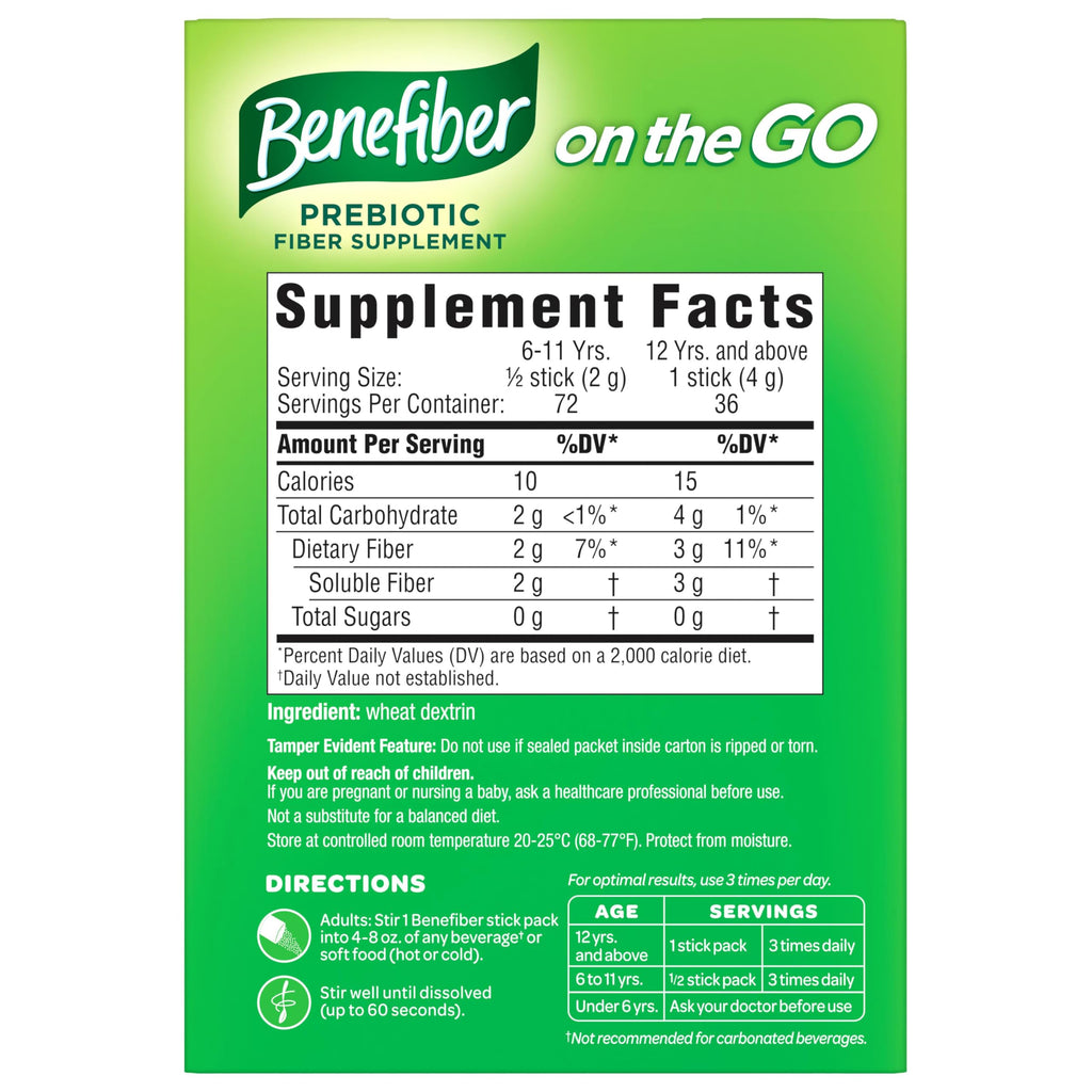 Benefiber On The Go Prebiotic Fiber Supplement Powder for Digestive Health, Daily Fiber Powder, Unflavored Powder Stick Packs - 36 Sticks (Pack of 2)