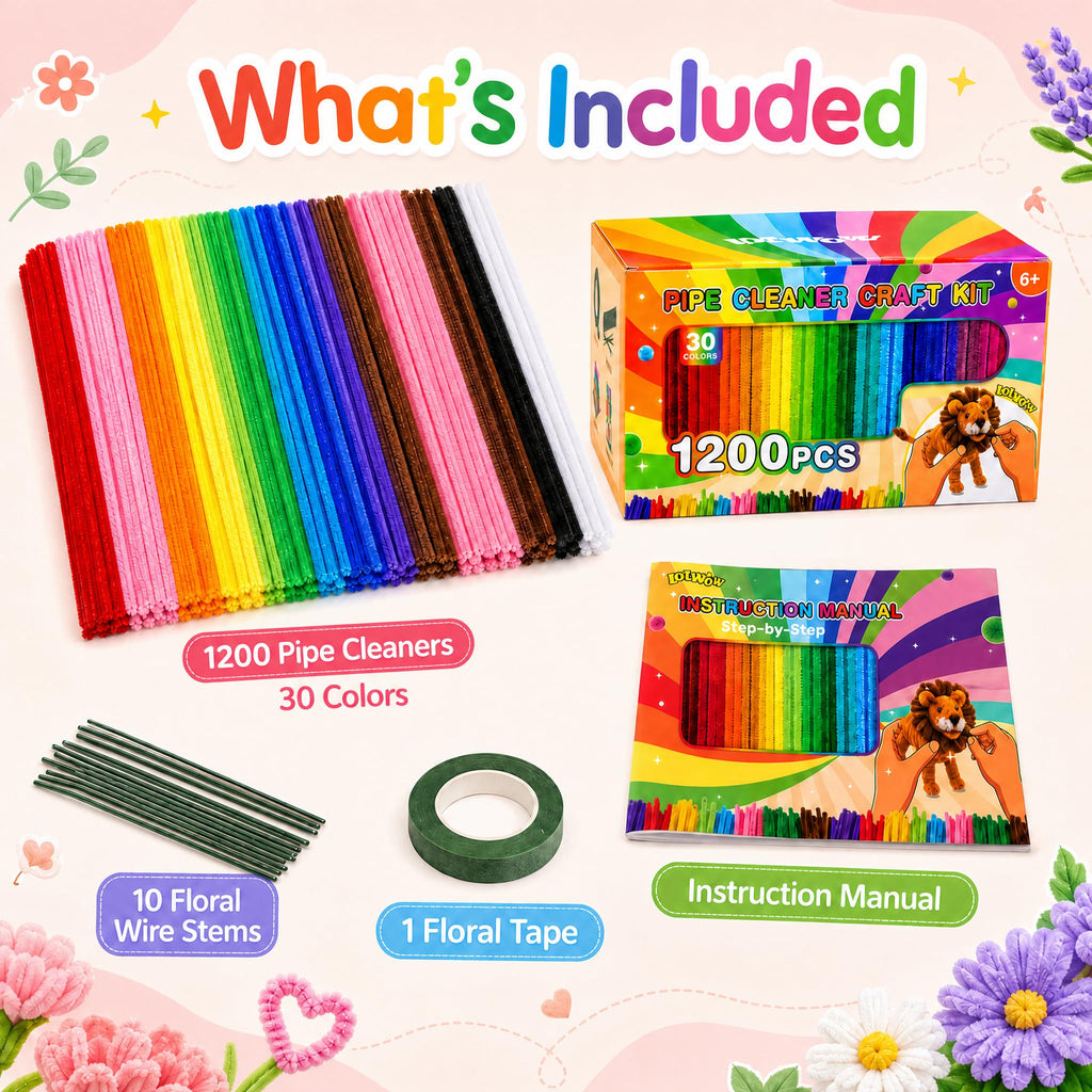 LOTWOW 1200PCS 30 Colors Pipe Cleaners Bulk, Thick Pipe Cleaner Flower Kit