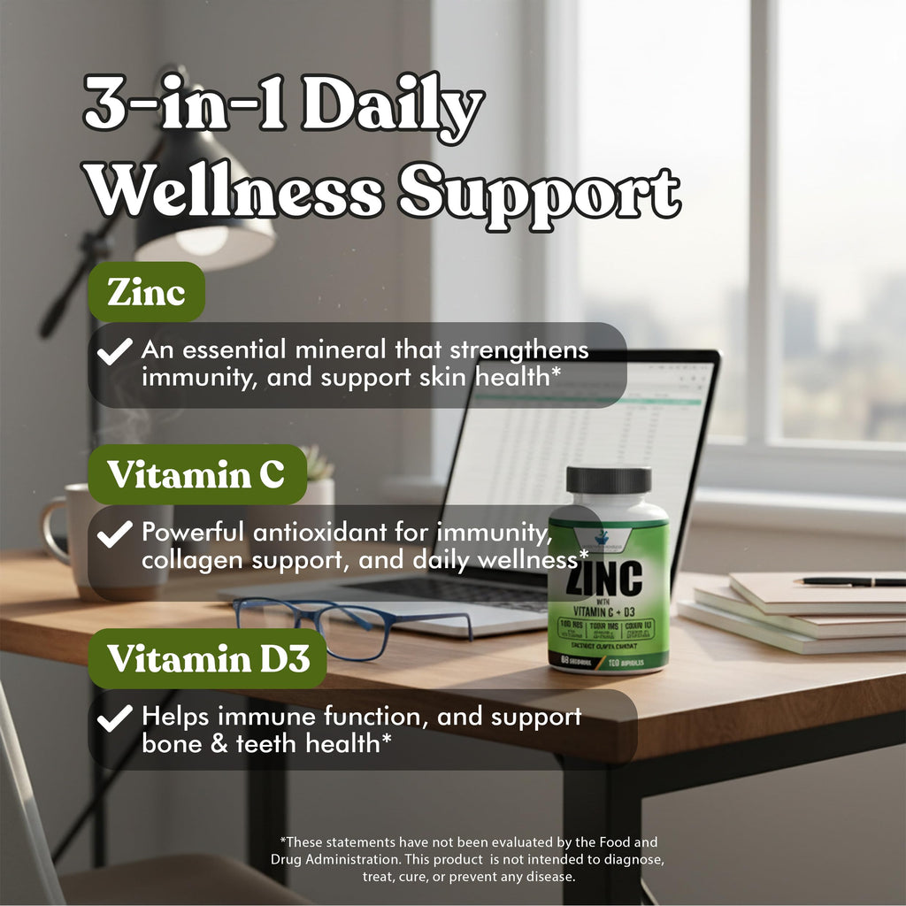American Standard Supplements Zinc 100mg, Vitamin C 1000mg, and Vitamin D3 5000 IU (125mcg) Per Serving - Gluten Free, Non-GMO, 120 Capsules, 60 Servings