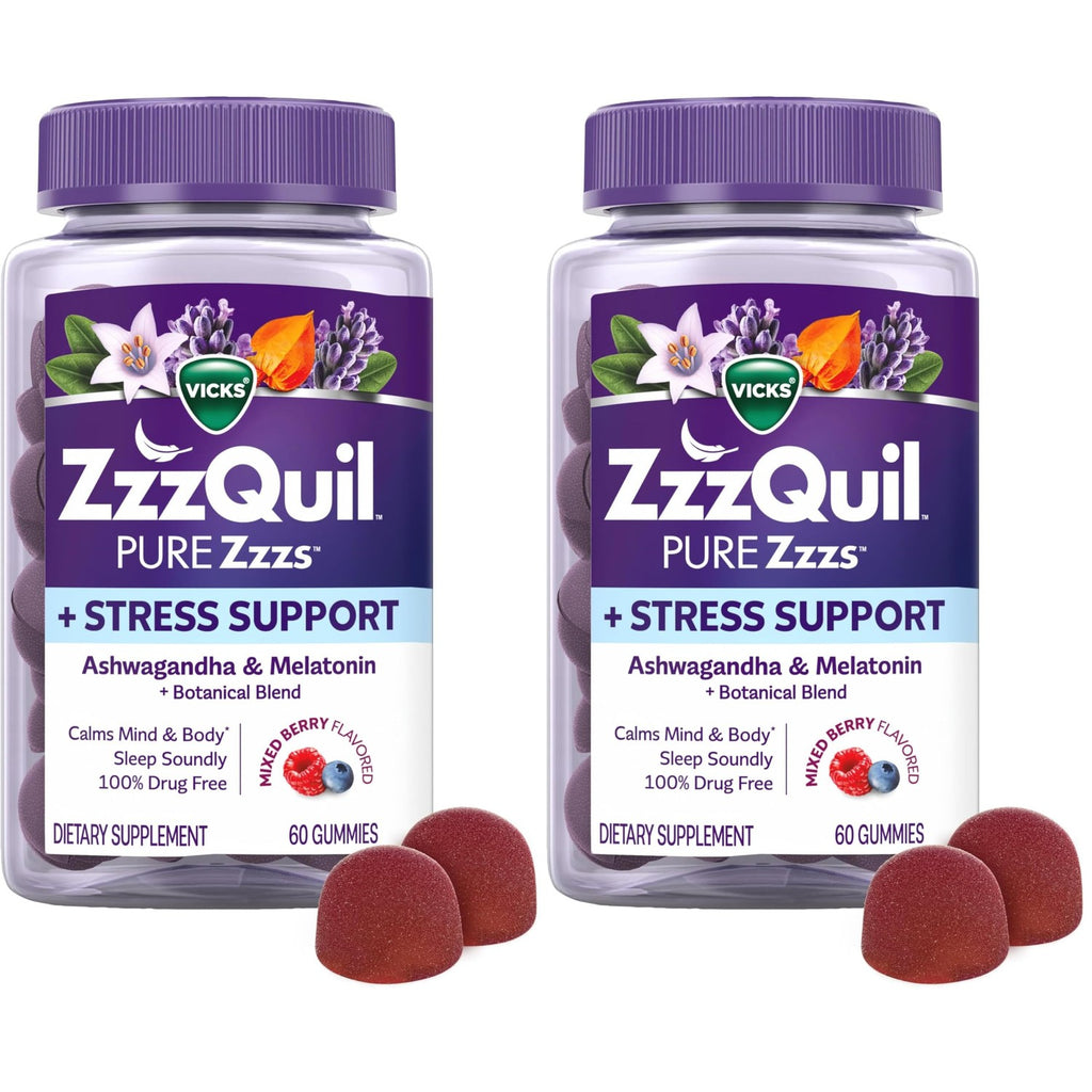 ZzzQuil PURE Zzzs De-Stress 2mg Melatonin Gummies, , Sleep Aids for Adults, Ashwagandha for Stress Support, 60 Gummies