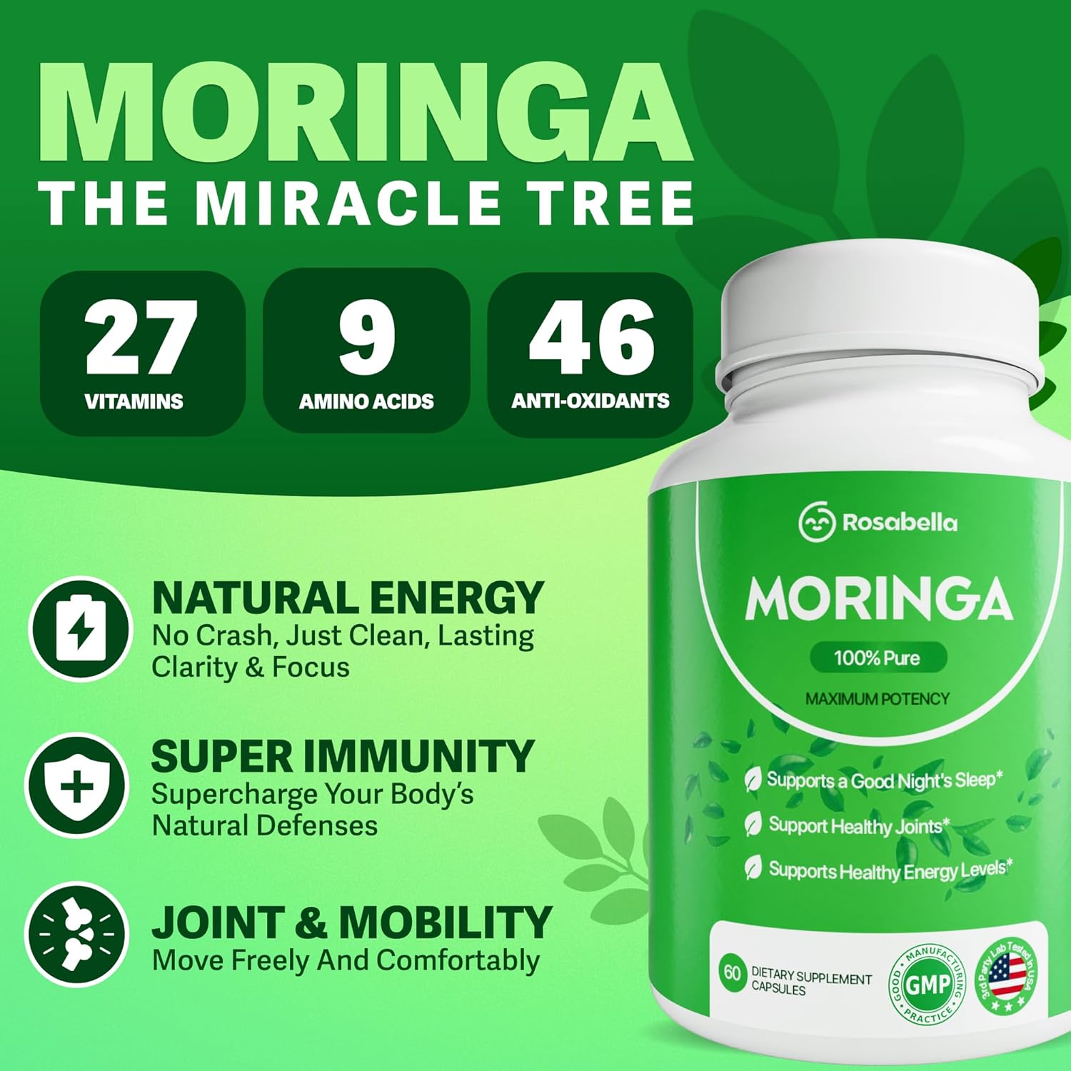 Buy now Rosabella Moringa Capsules - Pure Moringa Powder, Energy, Skin, Immune & Gut Health Superfood, Rich in Antioxidants, Essential Vitamins & Amino Acids, Natural Green Superfood Supplement - 120 Count at indiglob india