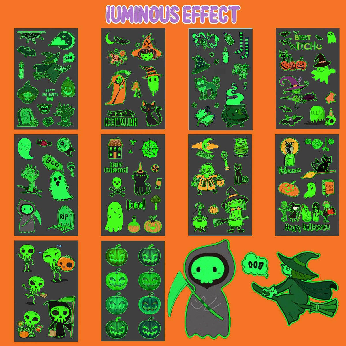 Partywind 10 Sheets Luminous Halloween Temporary Tattoos for Kids, Glow Halloween Decorations Birthday Party Favors Supplies, Halloween Fake Tattoos Goodie Bag Fillers Games Accessories for Party