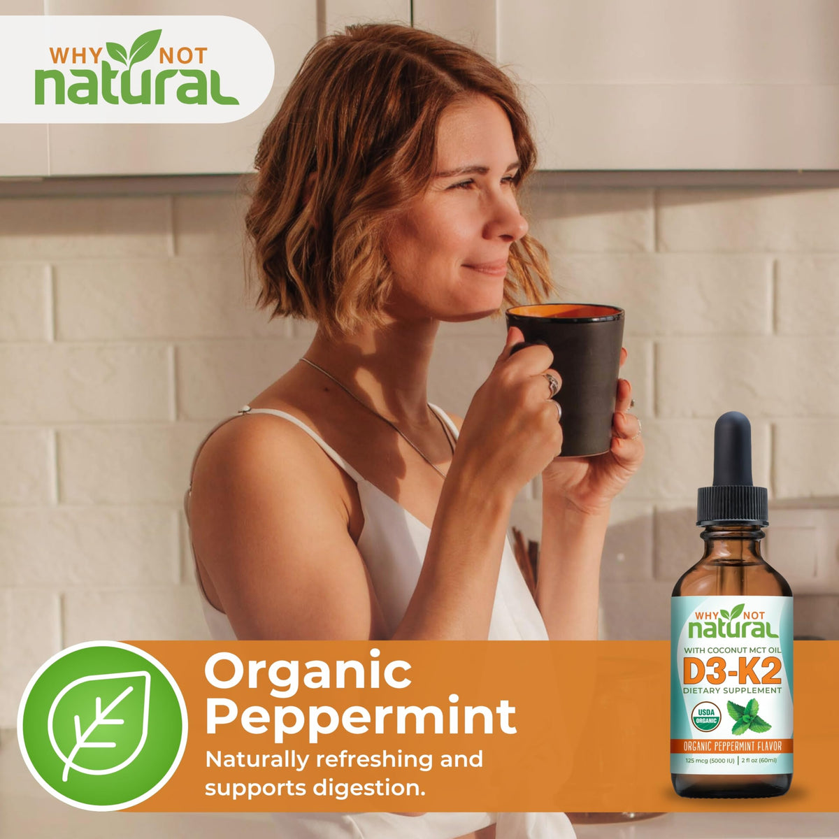 Why Not Natural Organic Vitamin D3 K2 (MK-7) Liquid Drops, 5000 IU of sublingual D3 with Coconut MCT Oil, for Strong Bones and Teeth, Heart and Immune Support