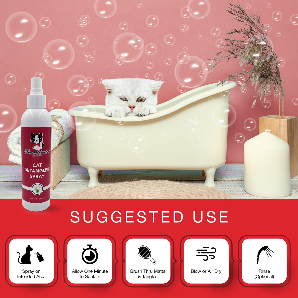 Warren London Cat Detangler Spray, Unscented Leave-in Conditioner, 8 oz
