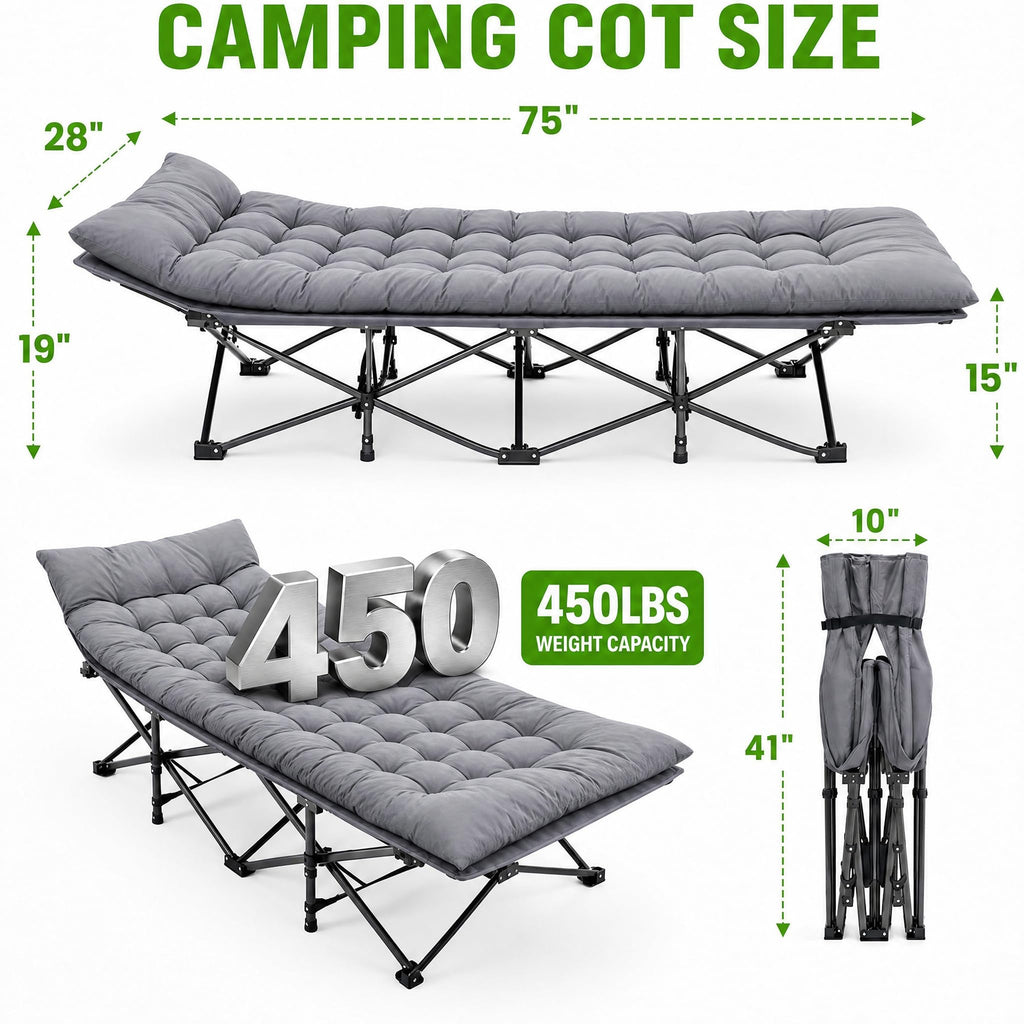 Aoran Camping Cot for Adults 28" Extra Wide,Portable Cot Bed with Mattress,Heavy Duty Camp Sleeping Bed for Camping,Travel,Home and Office Nap,Max Load 450 LBS