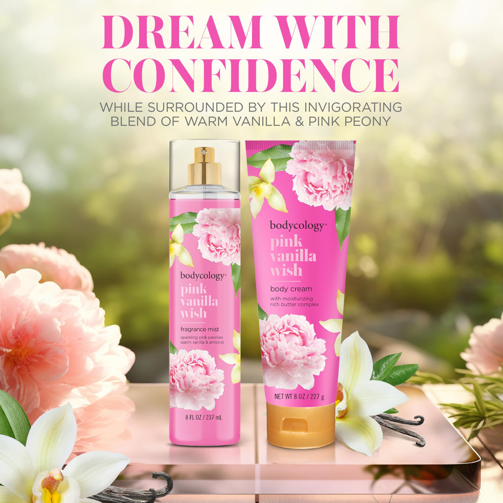 Bodycology's Pink Vanilla Wish fragrance mist and body cream with floral design, promoting confidence and freshness. Verified by CuratCart.