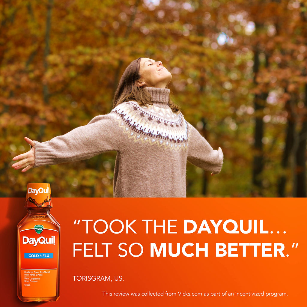 Buy now Vicks DayQuil Cold and Flu Relief Liquid Medicine, Non-Drowsy Powerful Multi-Symptom Daytime Relief for Headache, Fever, Sore Throat, Minor Aches and Pains, Nasal Congestion, Sinus Pressure, and Cough, 12 FL OZ at indiglob india