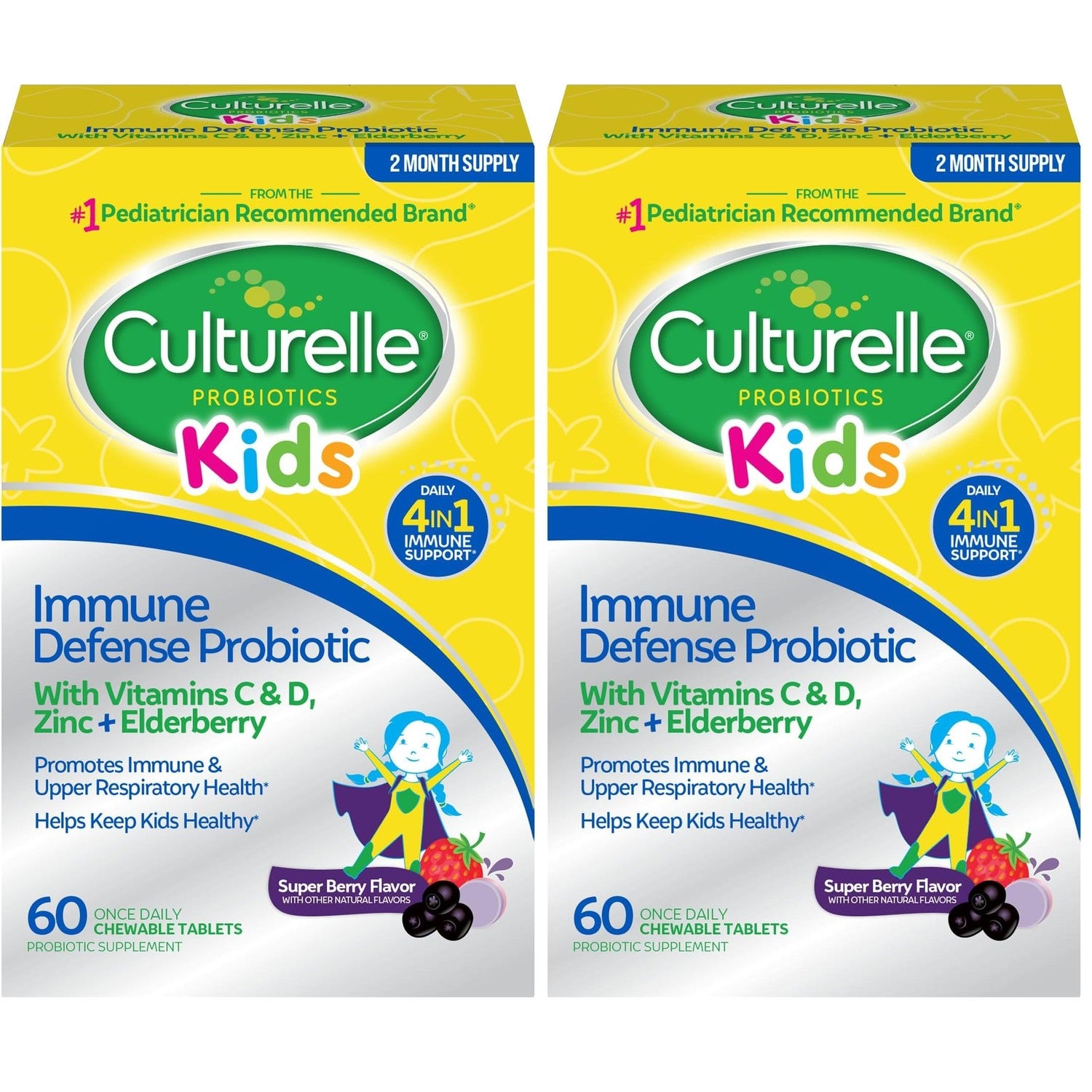 Culturelle Kids Daily Immune Defense Probiotic Chewables, Ages 3+, 30 Count | From the #1 Pediatrician-Recommended Brand±, Digestive Gut Health, 4-in-1 Immune Support*, Zinc, Vitamins C & D, Elderberry