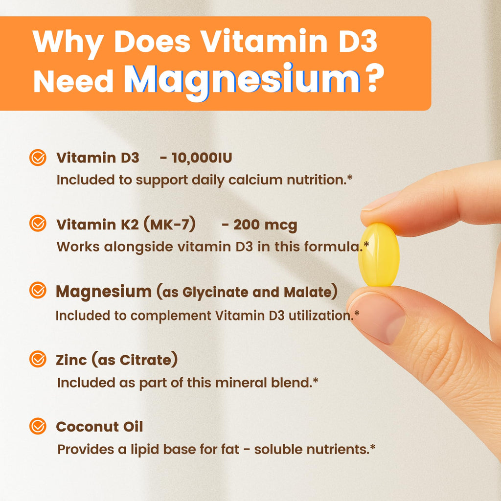 VEV Corefeel Vitamin D3 K2 10,000 IU Magnesium Supplement, 300 Softgels | Vitamin K2 as MK-7, Coconut Oil, Magnesium Glycinate & Malate, Zinc Citrate