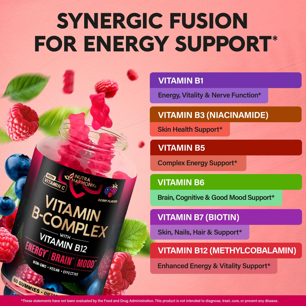 Vitamin B-Complex Gummies for Women & Men - Full B Complex & B12 - 60 Gummy | Vitamin B12, B1, B2, B3, B5, B6, B7 & B9 with Vitamin C & Choline - Energy, Brain & Mood - Natural Berry Flavor, Vegan
