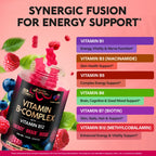 Vitamin B-Complex Gummies for Women & Men - Full B Complex & B12 - 60 Gummy | Vitamin B12, B1, B2, B3, B5, B6, B7 & B9 with Vitamin C & Choline - Energy, Brain & Mood - Natural Berry Flavor, Vegan