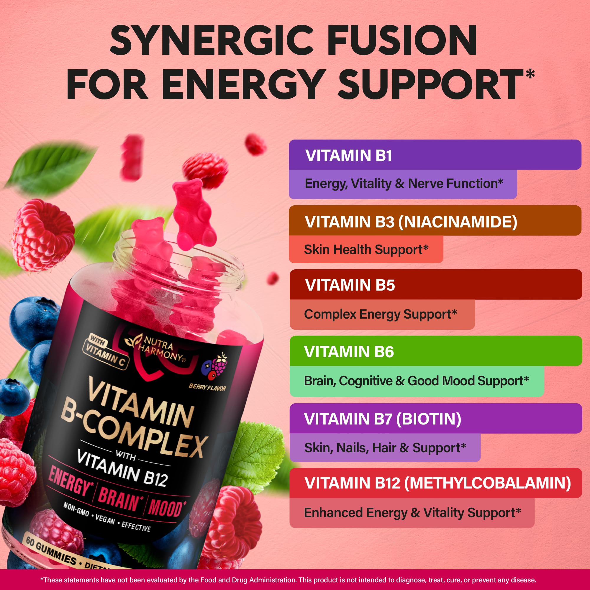Vitamin B-Complex Gummies for Women & Men - Full B Complex & B12 - 60 Gummy | Vitamin B12, B1, B2, B3, B5, B6, B7 & B9 with Vitamin C & Choline - Energy, Brain & Mood - Natural Berry Flavor, Vegan