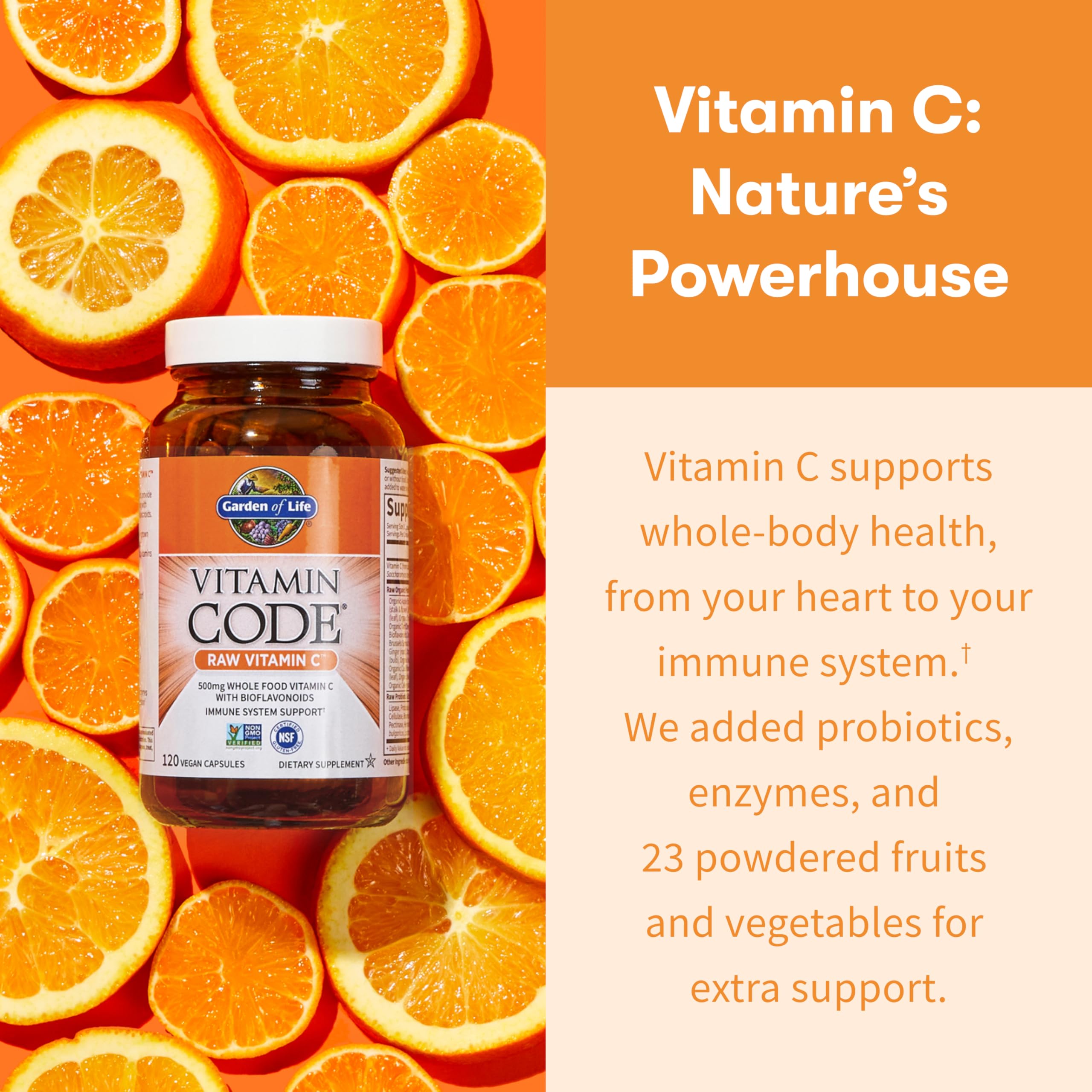 Garden of Life Vitamin Code Raw Vitamin-C, 500mg Whole Food VIT-C Capsules + Fruit & Veggie Blend & Probiotics, Supplements for Adults, Vegan, Gluten Free, 120 Capsules, (Pack of 6)
