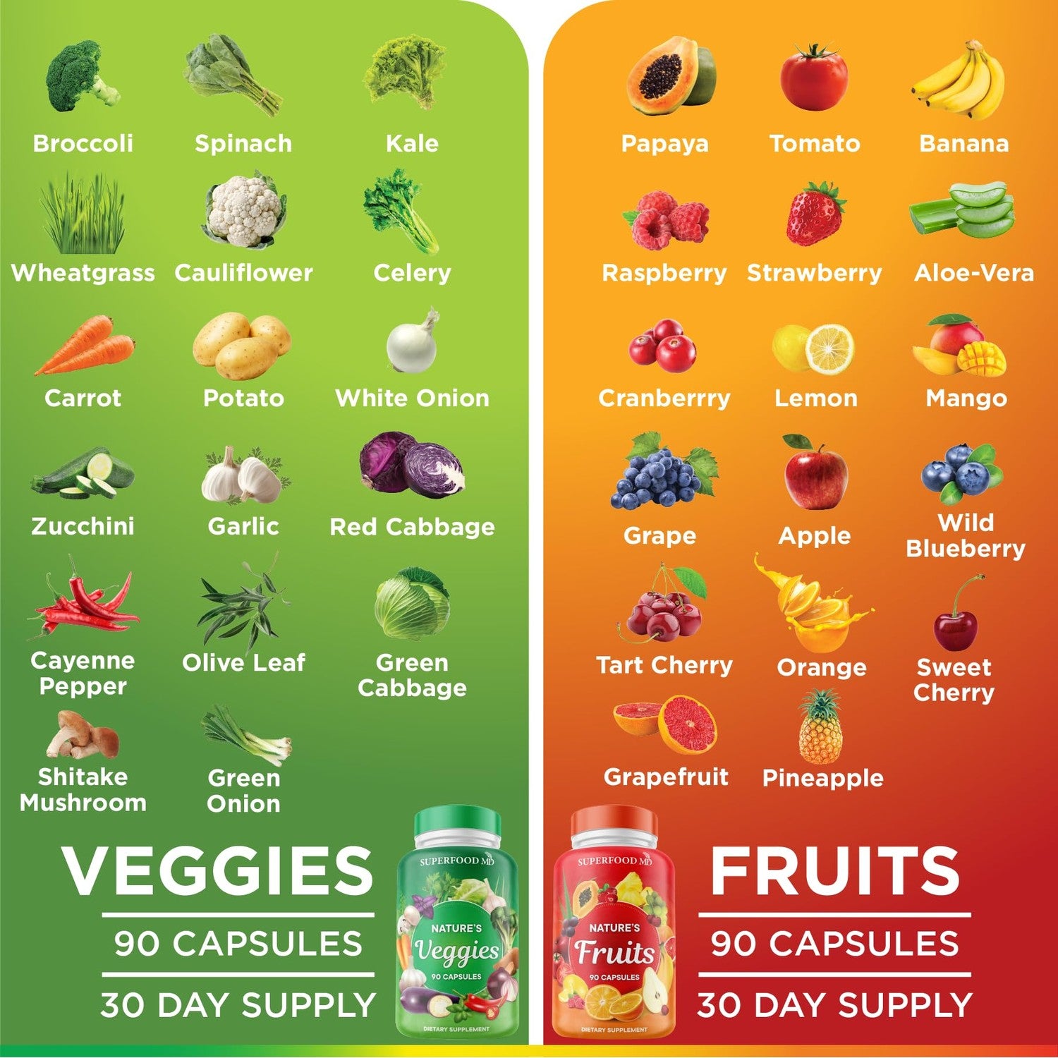 Superfood 180 Fruit and 180 Veggie Capsules - Whole Food Natural Superfoods - Maintain Energy Levels, with Beta Carotene - Soy Free (90 Count (Pack of 4)