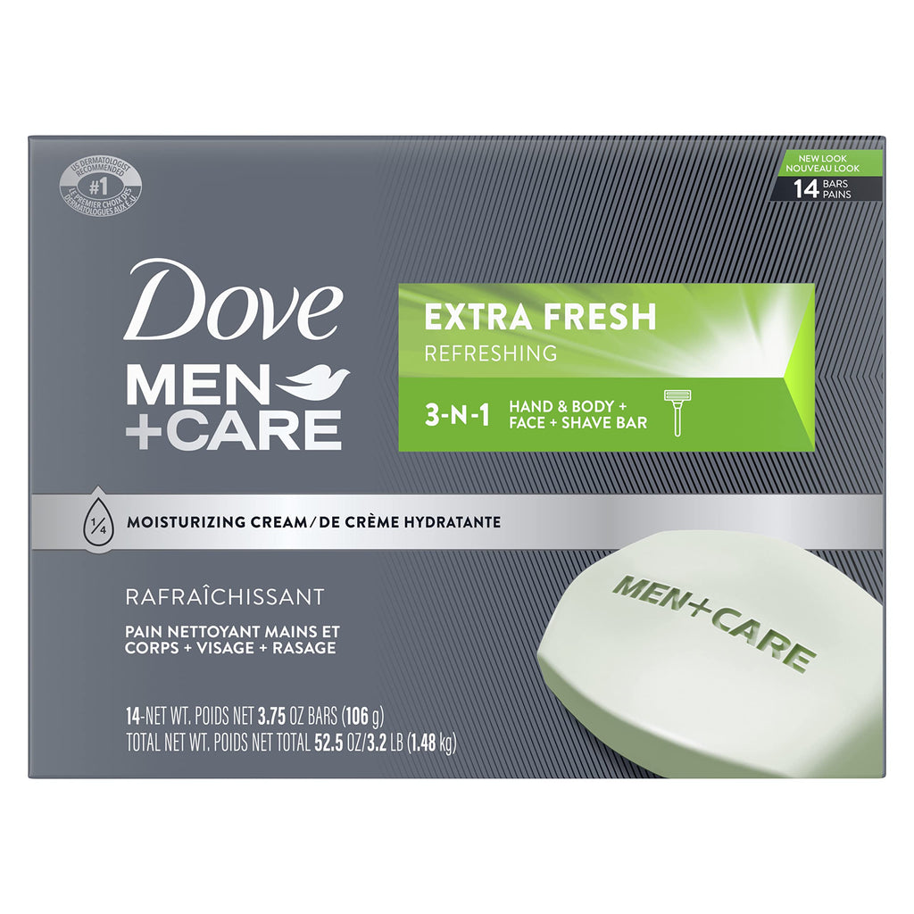 Buy now Dove Men+Care Bar 3 in 1 Cleanser for Body, Face, and Shaving Extra Fresh 14 Bars to Clean and Hydrate Skin Body and Facial Cleanser Mandarin Citrus, Patchouli, and Rosemary scent 3.75 oz 3.75 Ounce (Pack of 14) at indiglob india
