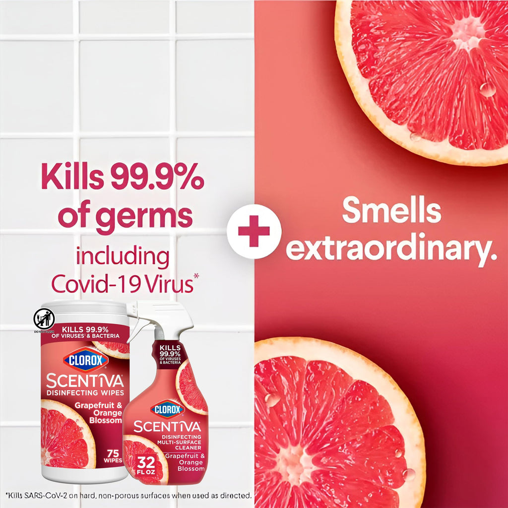 Buy now Clorox Scentiva Disinfecting Multi-Surface Cleaner Spray 32 Ounce & Disinfecting Wipes-75 Count, Tahitian Grapefruit Splash Scent Bundle at indiglob india