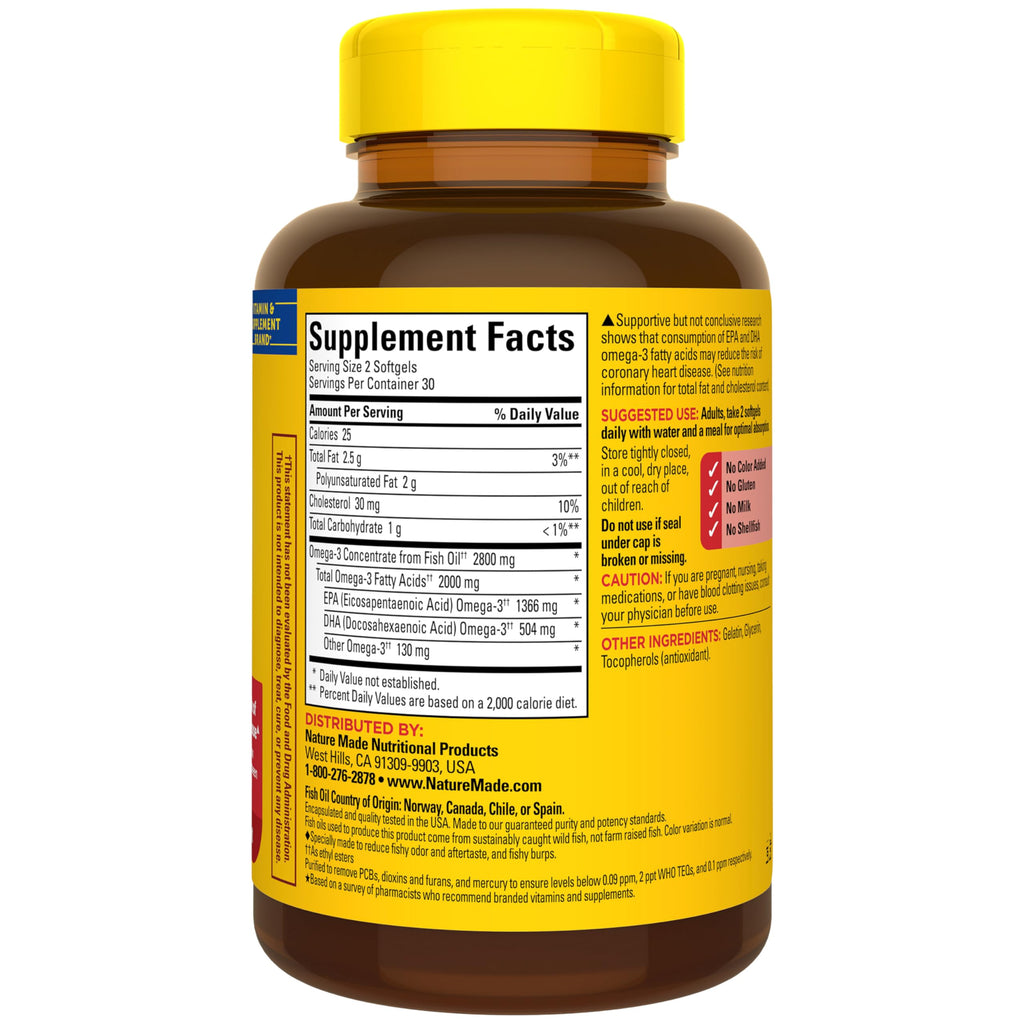 Nature Made Extra Strength Dosage Omega 3 Fish Oil Supplement, 60 Softgels | Fish Oil Omega 3 Supplements as Ethyl Esters for Healthy Heart, Brain, Eye, Mood Support 2800mg per 2 Softgels, 30 Day Supply