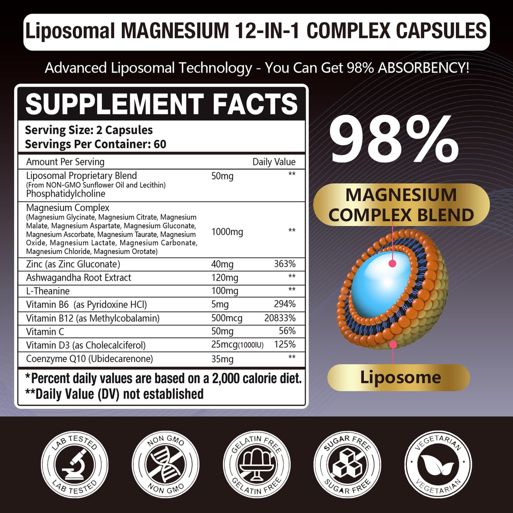 21 in 1 Liposomal 1400mg Magnesium Complex (Citrate, Glycinate, Malate etc) Capsule - 12 Active Types Magnesium with Vitamin D3, B6, B12, C, Ashwagandha & CoQ10 for Women & Men - Support Bone & Muscle