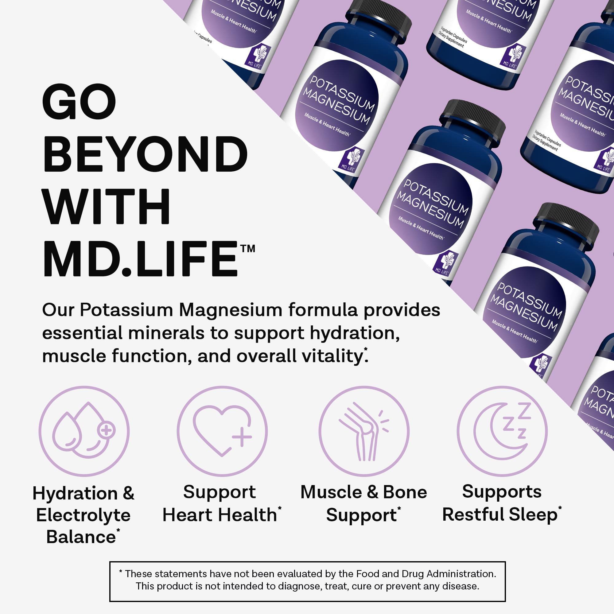 MD. Life Potassium Magnesium Supplement, High Absorption, 30 Capsules | Chelated Mineral Blend for Vascular Health, Muscle Function and Leg Cramp - Doctor Designed - Non-GMO, Vegetarian