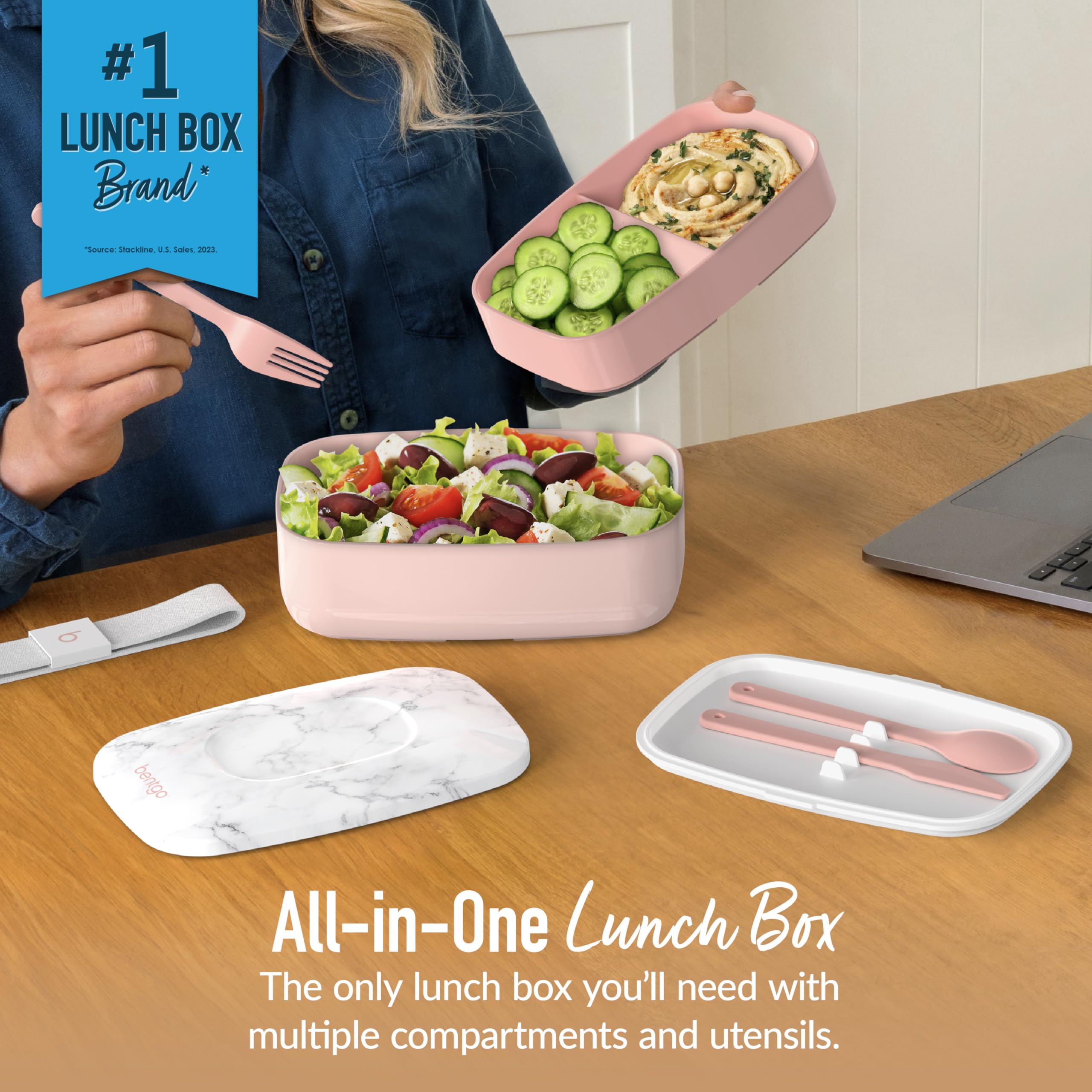 Buy now Bentgo Classic - Adult Bento Box, Stackable 3-Compartment Lunch Box with Removable Utensil Set and Sealing Strap, BPA-Free, Food Container Ideal for Meal Prep, Work, and On the Go (Blush Marble) at indiglob india