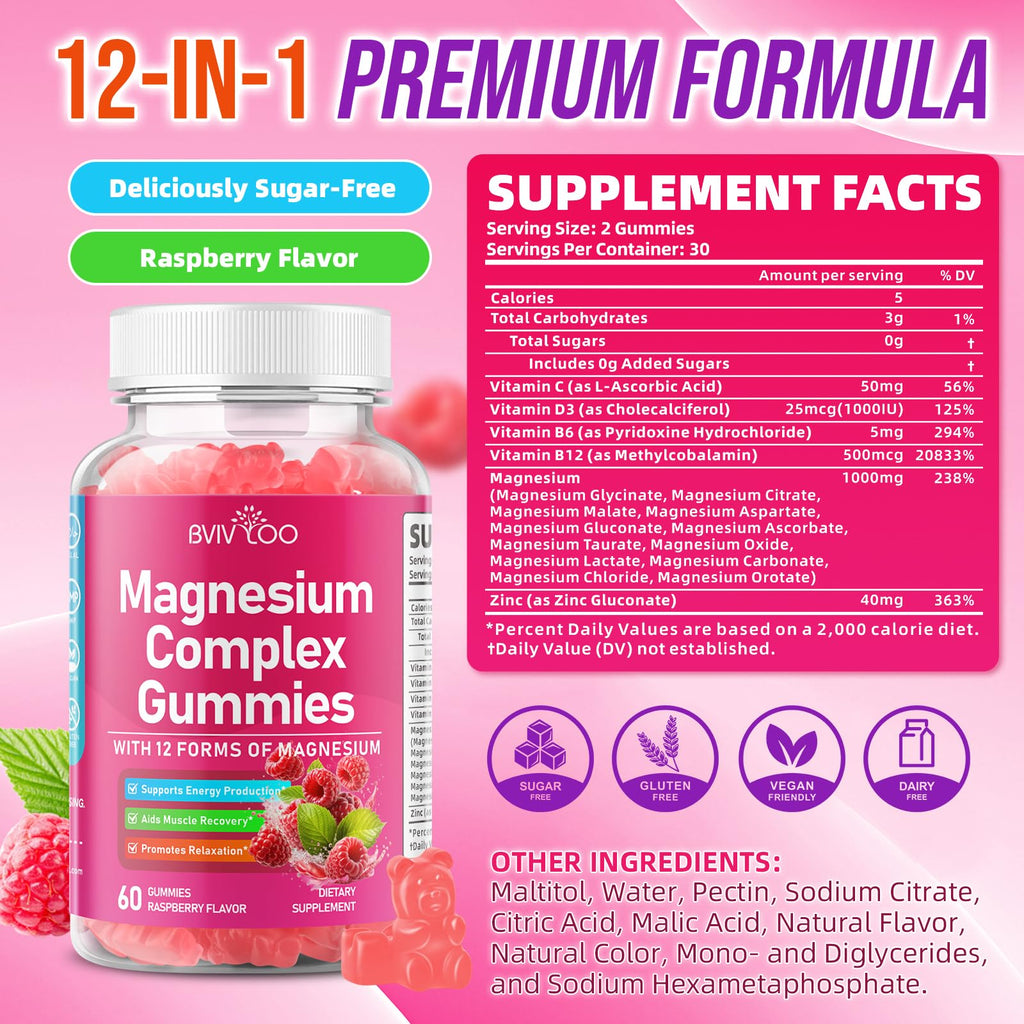 Magnesium Complex Gummies – with 12 Forms of Magnesium Plus Vitamins B6, B12 & C. Vegan Strawberry Gummies to Support Mood, for Adults, 60 Count