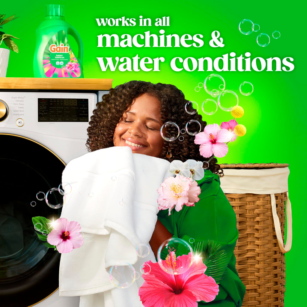 Gain Liquid Laundry Detergent, With Odor Defense, Happy Hibiscus Scent, Laundry Soap For HE Washing Machines, 132 fl oz, 100 Loads (Packaging May Vary)