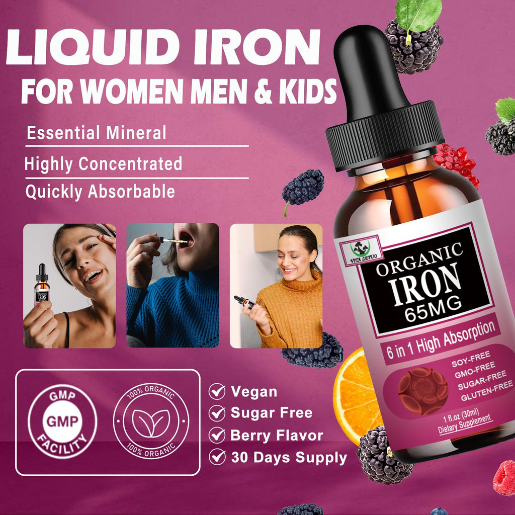 Vita letuo Iron Supplement for Women with Vitamin C,6-in-1 Liquid Supplement w/Vitamin B12,Vitamin B6,High Absorption Liquid Iron Drops for Red Blood Cells & Immune Support,Non-GMO, Gluten Free