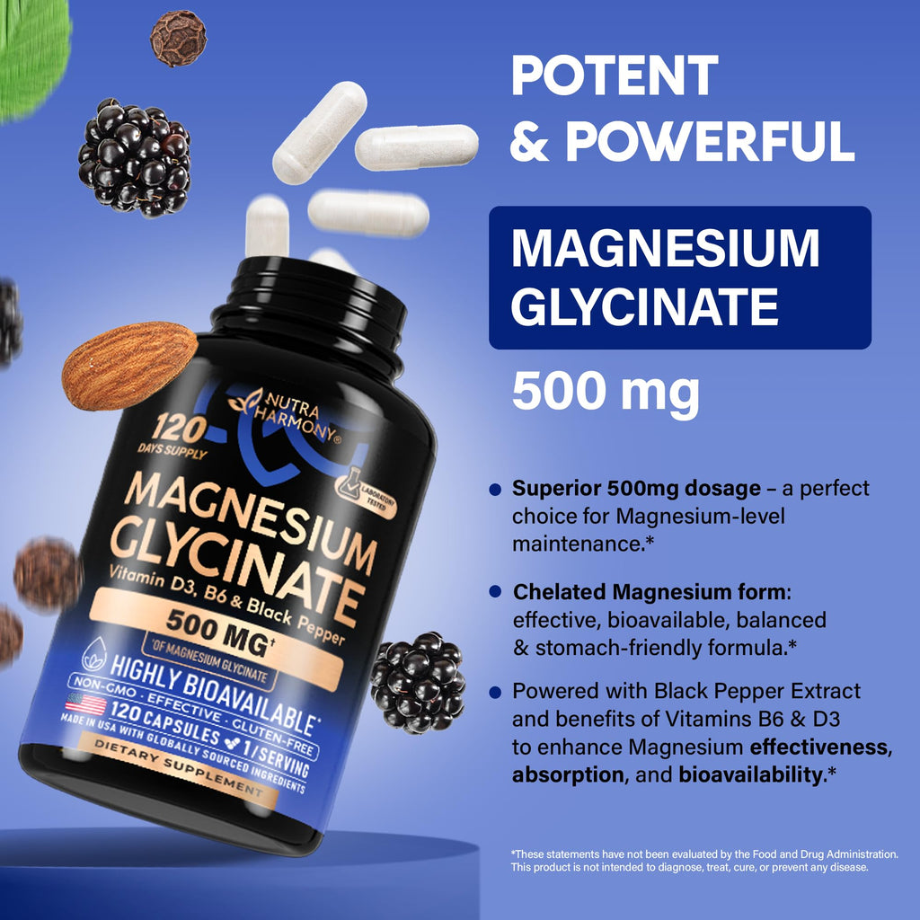 Magnesium Glycinate 500mg - VIT. B6 & D3 - Sleep, Muscle & Heart - 120 Caps | Magnesium Bisglycinate - Chelated High Absorption with Black Pepper - Magnesium for Women & Men - Lab Tested & Non-GMO