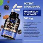 Magnesium Glycinate 500mg - VIT. B6 & D3 - Sleep, Muscle & Heart - 120 Caps | Magnesium Bisglycinate - Chelated High Absorption with Black Pepper - Magnesium for Women & Men - Lab Tested & Non-GMO