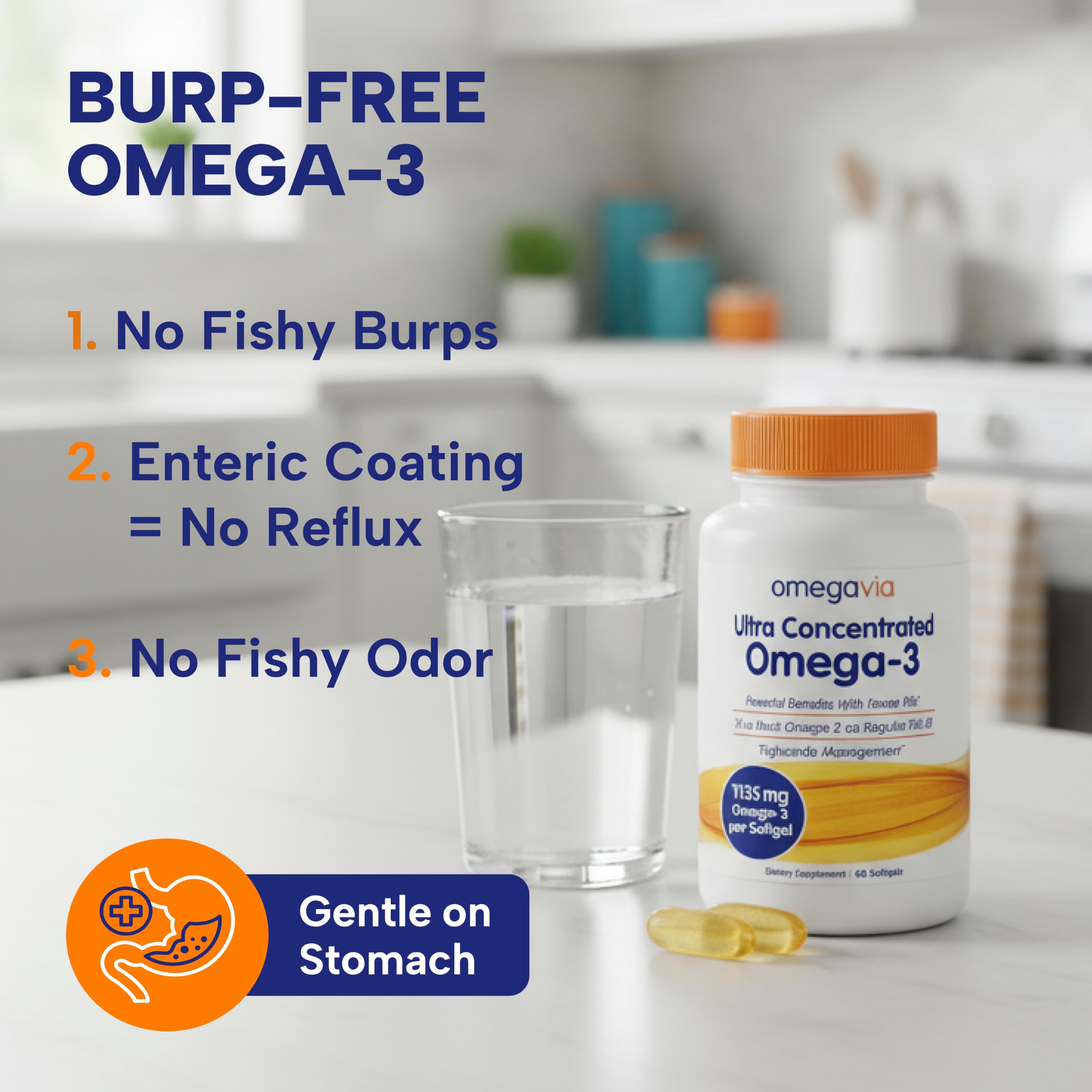 OmegaVia Ultra Concentrated Omega 3 Fish Oil, EPA DHA 1135 mg (60 Softgels) | 3x More Omega-3 in One Pill, Burp Free Omega 3 Supplement for Women & Men, Triglyceride Form, Brain & Joint Support