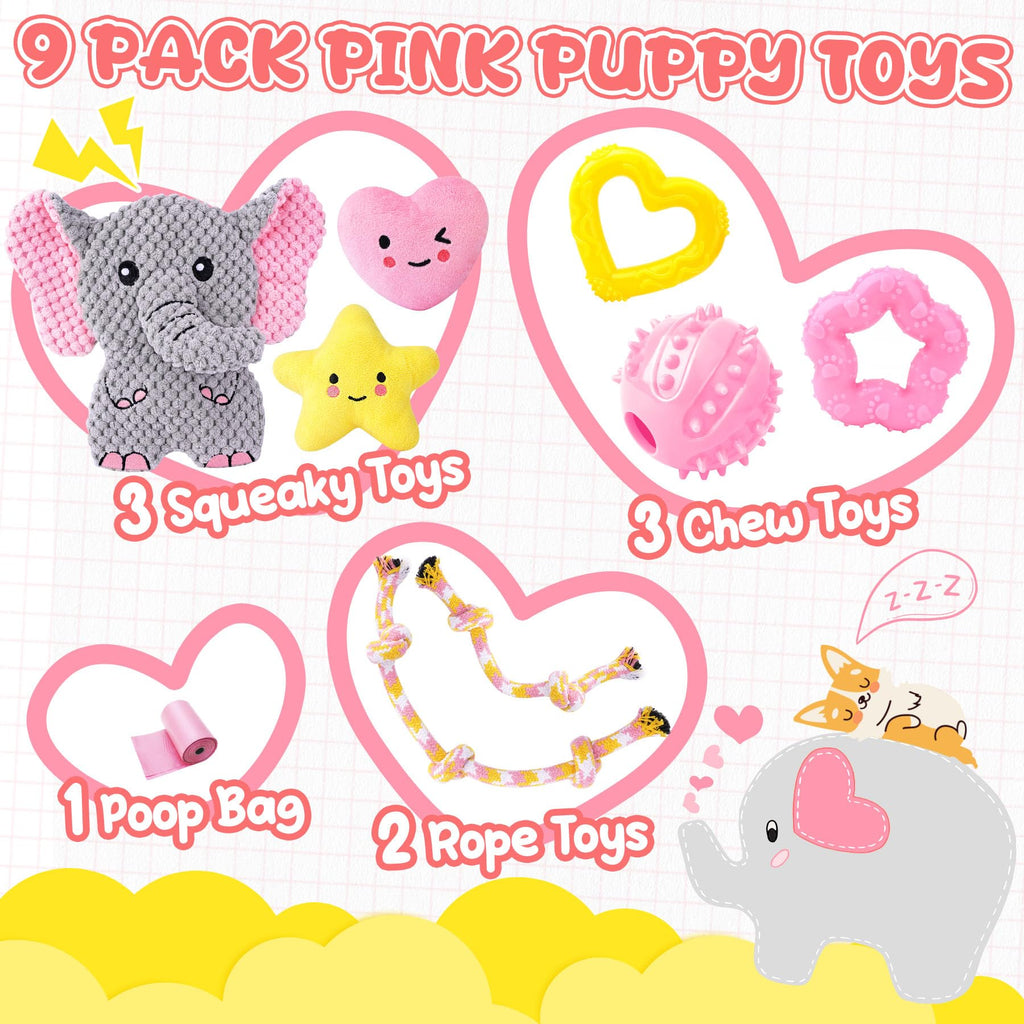XIUGOAL Pink Puppy Toys - 9 Pack Puppy Chew Toys for Teething, Enrichment Dog Toys for Small Dogs to Keep Them Busy, Squeaky Plush Toy for Boredom