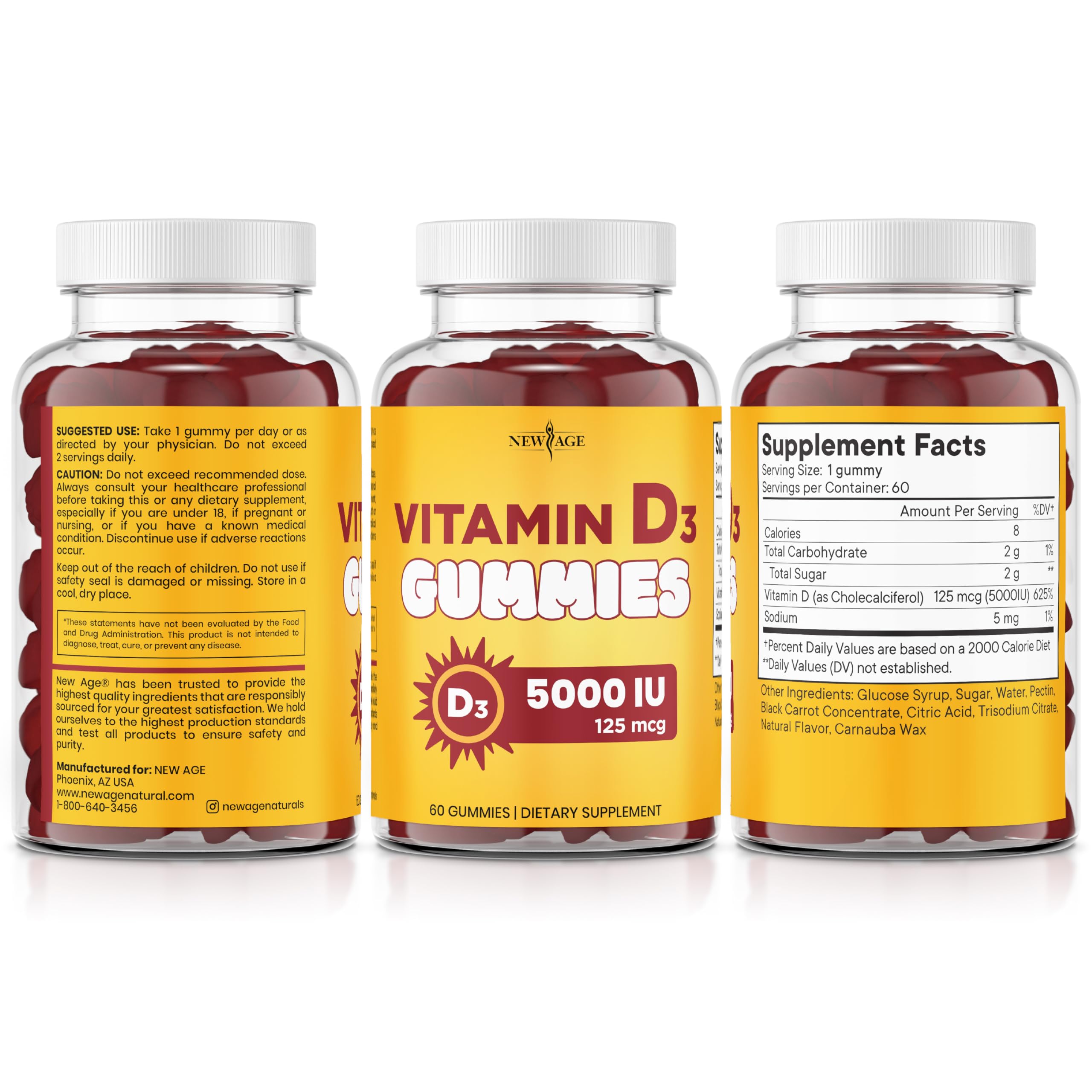 NEW AGE Vitamin D3 5000 IU 125mcg Gummies - Immune Supplement - Non-GMO, Gluten-Free, Dairy-Free, No Gelatin (120 Gummies (Pack of 2))