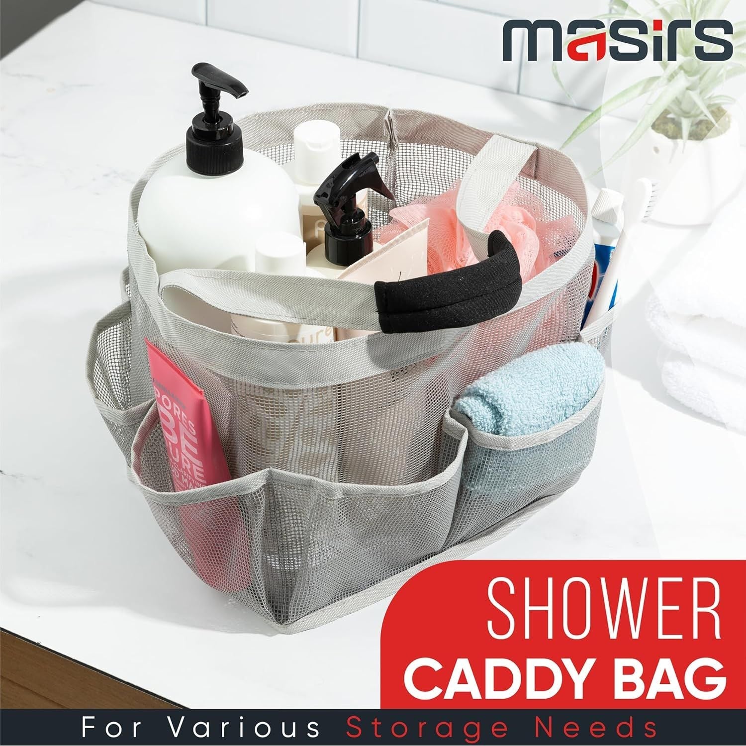Buy now Masirs Mesh Shower Caddy - 9 Pocket Portable Bathroom Organizer Tote for Travel, Gym & Dorm - Collapsible Small Shower Caddy Bag to Hold Toiletries & Essentials (Gray) at indiglob india