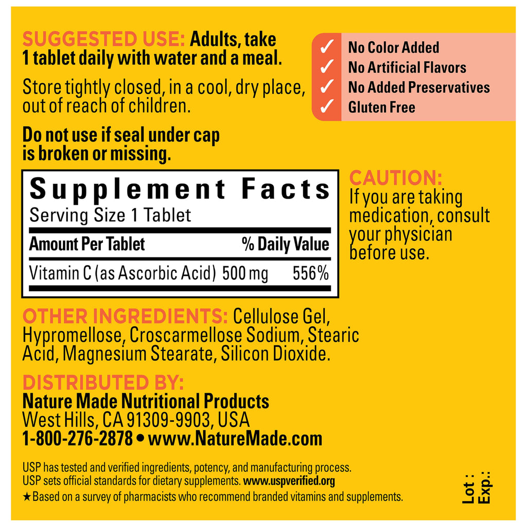 Nature Made Vitamin C 500 mg Tablets for Daily Immune Support, 100 Count | Adult Vitamin C Tablets for Immune Support and Antioxidant Support, 100 Day Supply