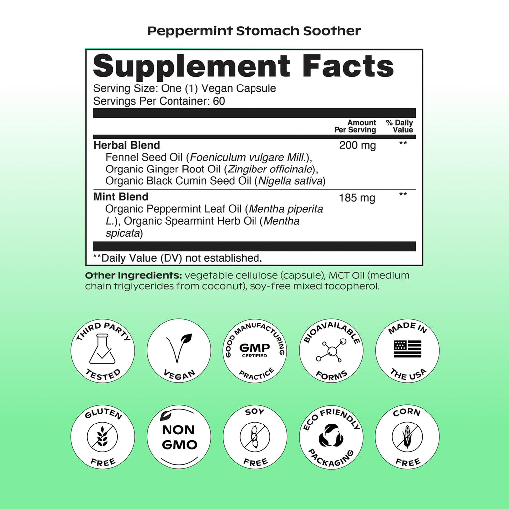 wholier Peppermint Stomach Soother, Ginger, Fennel & Spearmint, 60 Capsules