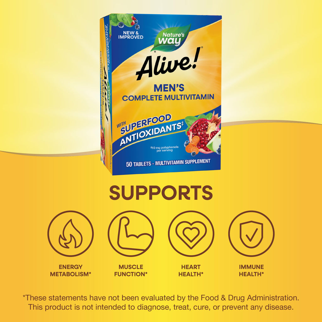 Nature's Way Alive! Men's Complete Daily Multivitamins, Supports Energy Metabolism & Muscle Function*, with B-Vitamins, Gluten Free, 50 Tablets (Packaging May Vary)