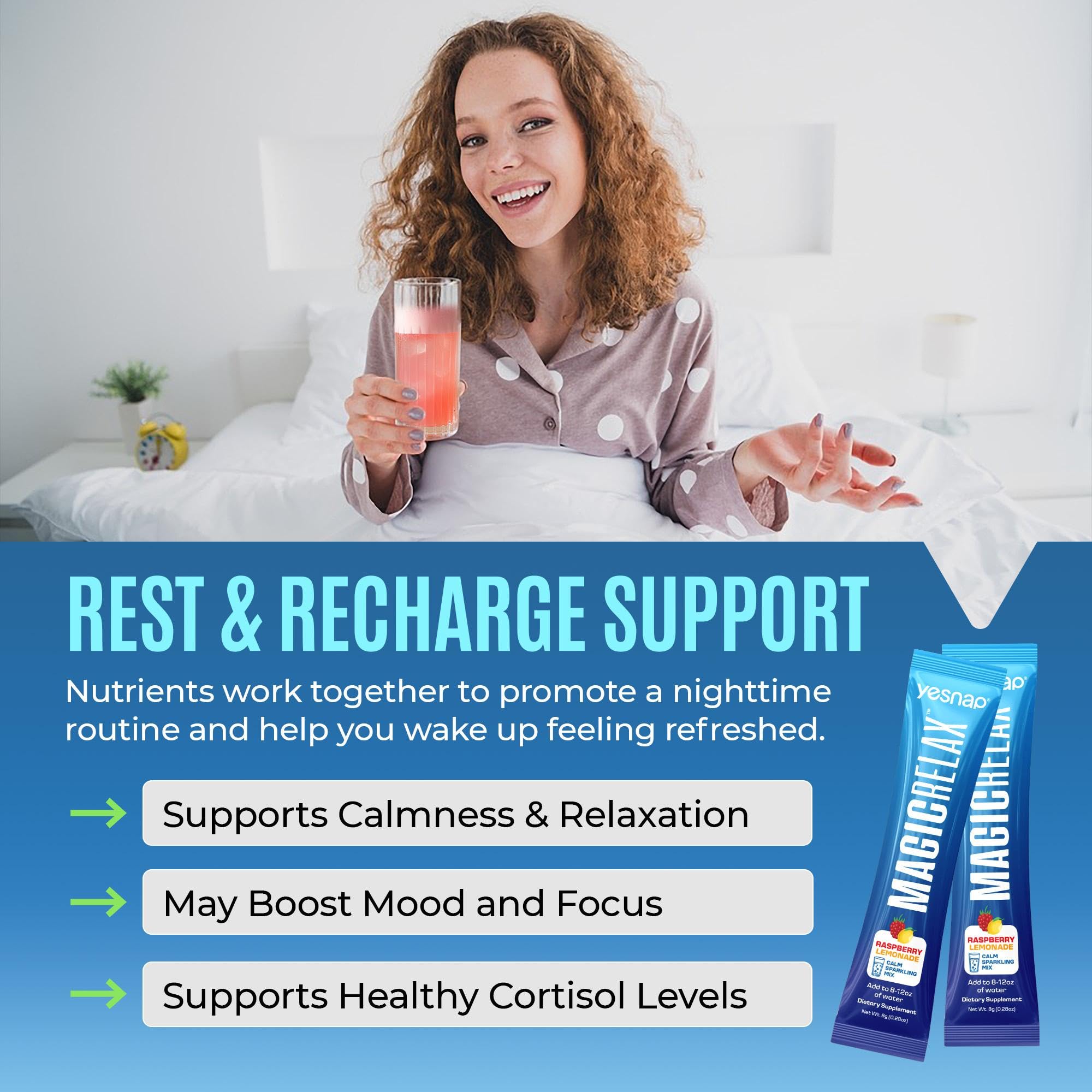 MAGICRELAX 8-in-1 Magnesium Glycinate Calm Powder Drink Mix Cortisol Reducer Supplement for Stress Mood & Sleep aid with KSM-66 Ashwagandha Saffron GABA L-Theanine Sugar Free Raspberry Lemon