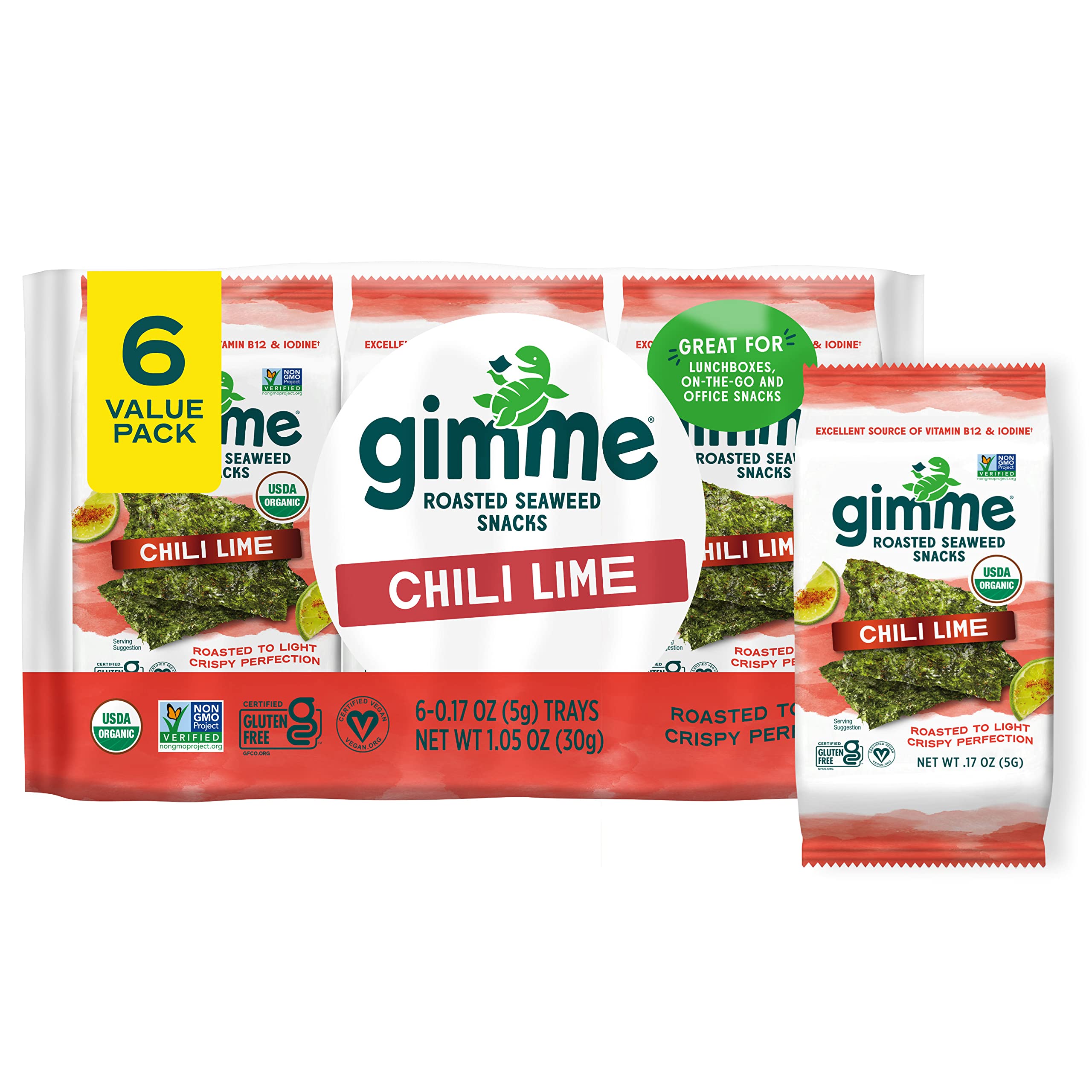 Buy now Gimme Seaweed Organic Premium Roasted Seaweed Snacks, Sea Salt, 6 Count, Keto, Vegan, Gluten-Free, Great Source of Omega3s and Iodine, Healthy On-The-Go Snack for Kids and Adults 6 Count (Pack of 1) #3 Chili Lime at indiglob india