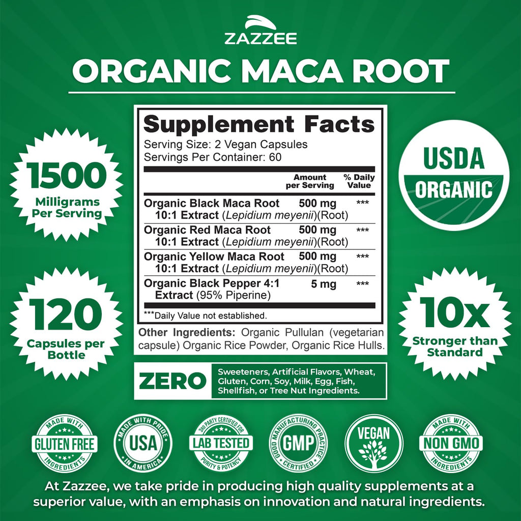 Zazzee USDA Organic Red, Black & Yellow Maca Root 10:1 Extract, Peruvian