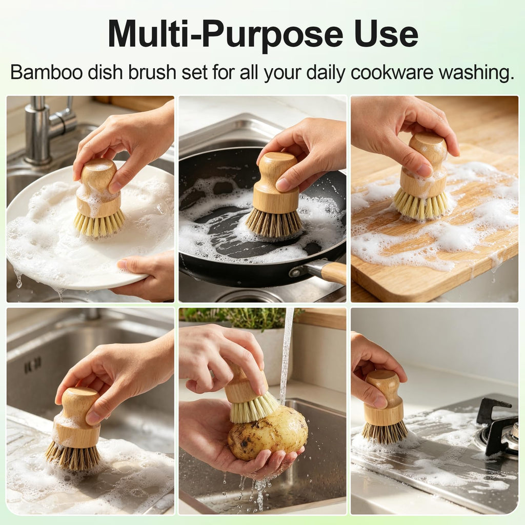 Bamboo Dish Brush Set with Holder, 2 Sisal & 1 Palm Scrub Brush