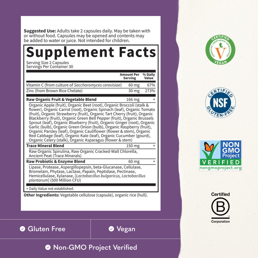 Garden of Life Zinc Supplements 30mg High Potency Raw Zinc and Vitamin C Multimineral Supplement, Vitamin Code Vitamins Trace Minerals & Probiotics for Skin Health & Immune Support, 60 Vegan Capsules