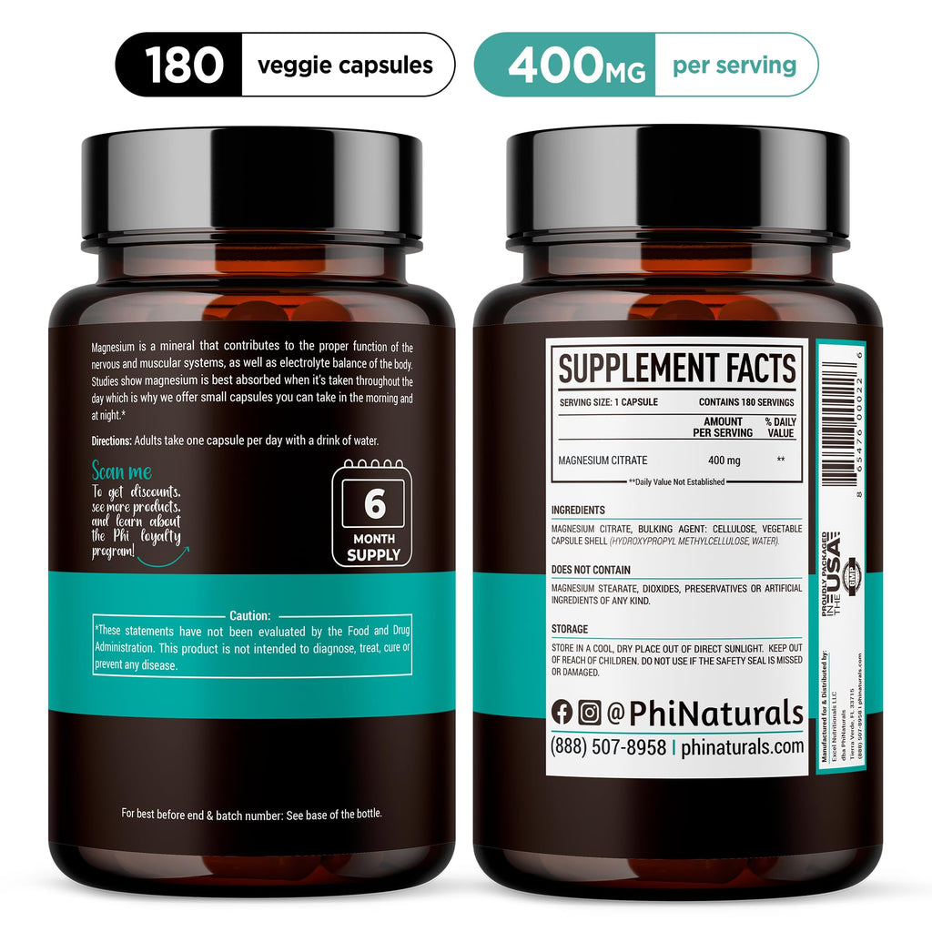 Magnesium Citrate Powder Capsules 400mg - 180 Count Veg Caps - PhiNaturals | Nervous system & Muscle Support · 400 mg High-absorption Mag Citrate Pills · Non-GMO Vegan Capsules - Citrato de Magnesio