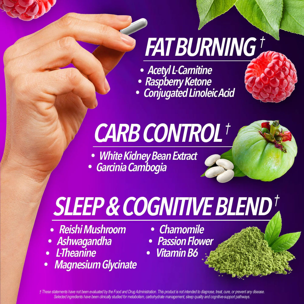 Night Bullets Weight Loss Pills for Women & Men, Stim-Free Nighttime Fat Burner, GLP-1 Support, Appetite Suppressant, Diet Pills with Ashwagandha & CLA, 60 Capsules