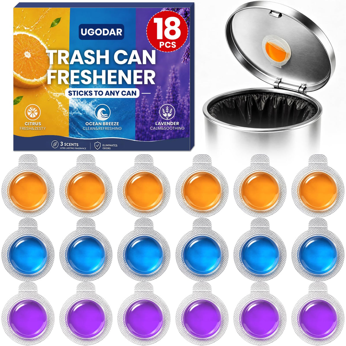 18 Pack Trash Can Deodorizer, Stick-On Air Freshener, 3 Fresh Scents