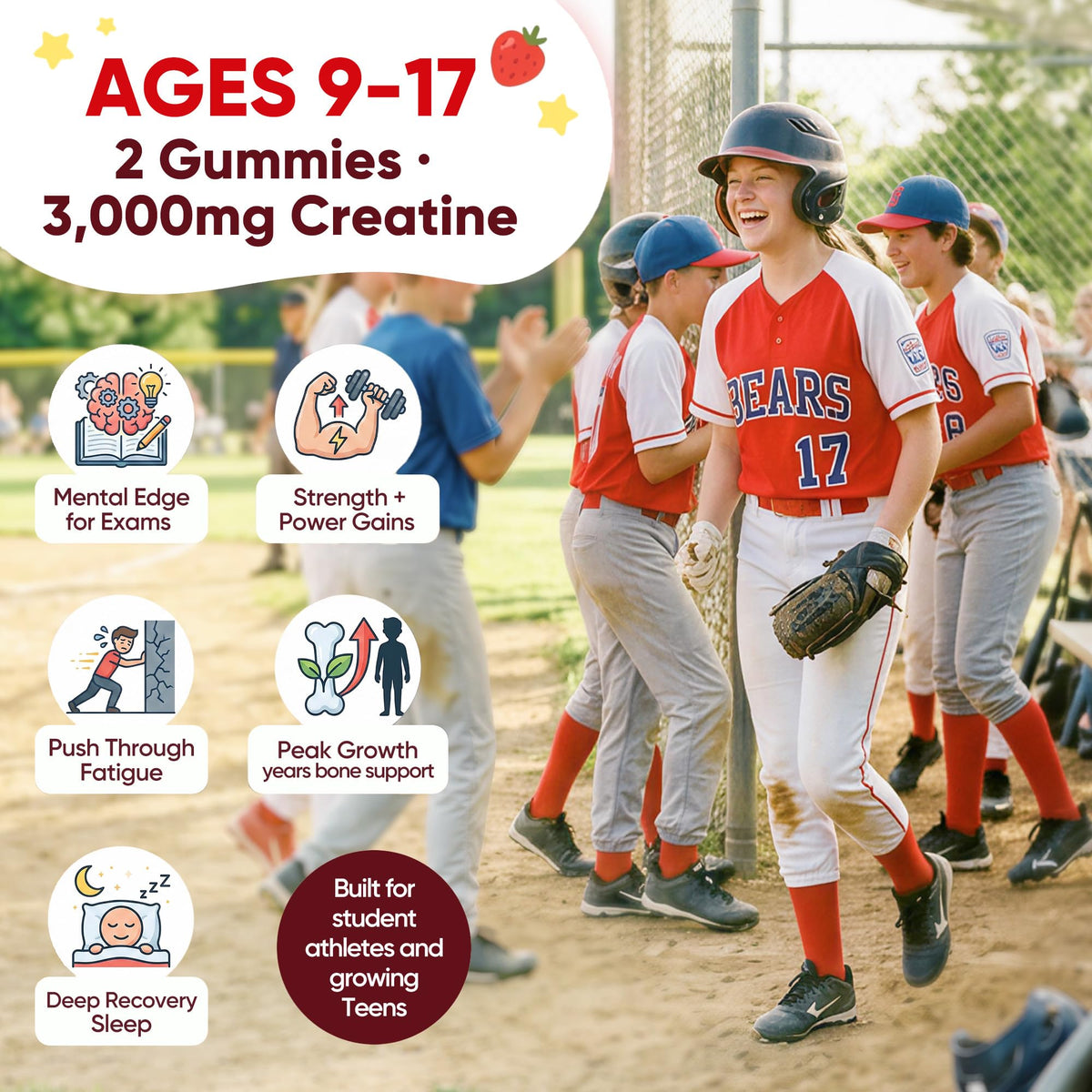 Creatine Monohydrate Gummies for Kids & Teens Ages 5+, with 1500mg-3000mg Creatine Monohydrate, with D3+K2 + Magnesium + B12, Supports Energy, Focus Bone & Brain Health, Sugar-Free, Strawberry 2 Pack
