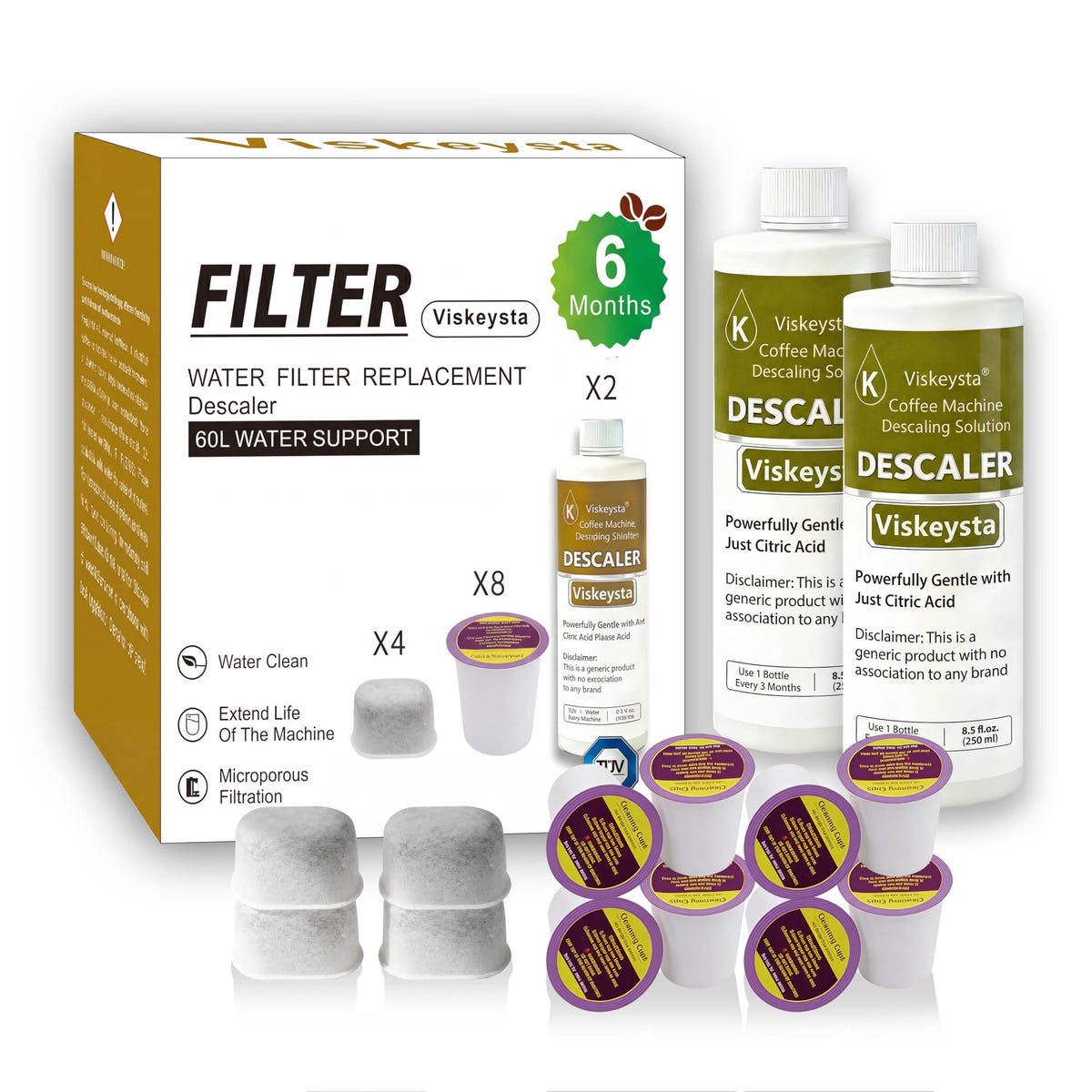 2 Descalers+4 Filters & 8 Cleaning Pods for Keurig Coffee Makers